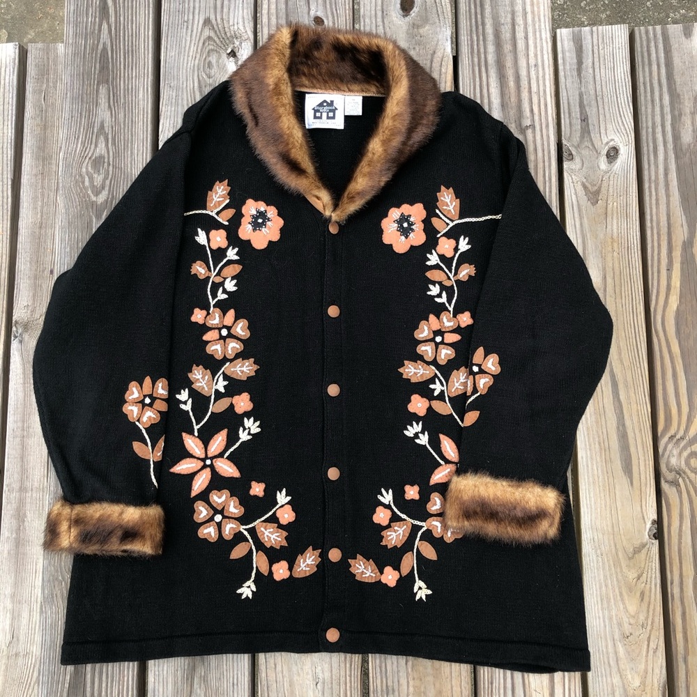 Storybook Knits black cardigan faux fur collar cuffs flower details 3X